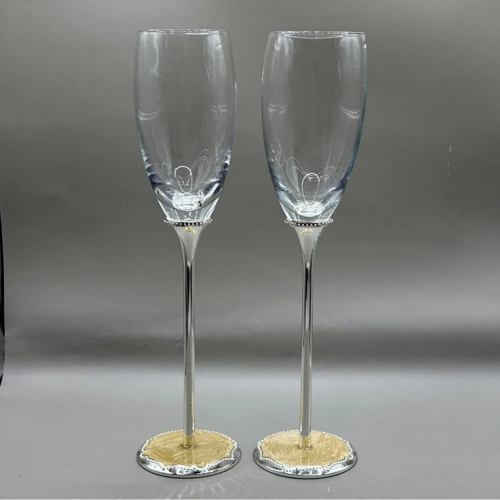 Papyrus Silver Stem Champagne Flutes‎ Pair - Cream Enamel Base